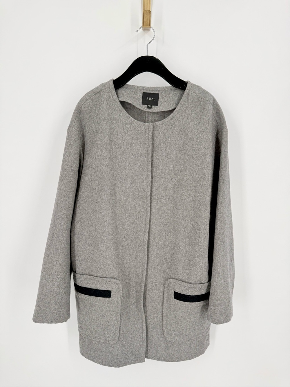 Guess Gray Collarless Pea Coat with Black Pocket Trim
